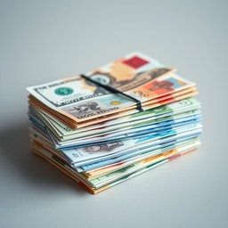 A close-up view of a stack of various international banknotes, artistically arranged to create a colorful and vibrant display