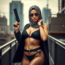 A captivating full-body portrait of a Persian woman embodying a spy persona, wearing a stylish bikini complemented by a fashionable hijab