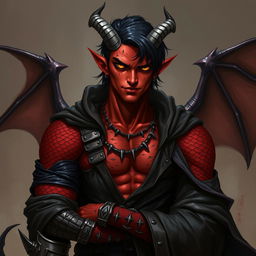 A realistic male tiefling battle warlock character depicted in a relaxed, cocky stance with a confident smirk