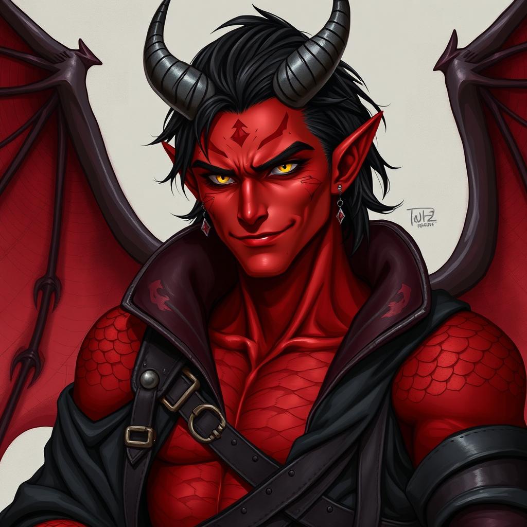 A realistic male tiefling battle warlock character depicted in a relaxed, cocky stance with a confident smirk