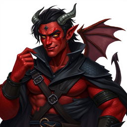 A realistic male tiefling battle warlock character depicted in a relaxed, cocky stance with a confident smirk
