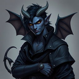 A realistic male tiefling battle warlock character depicted in a relaxed, cocky stance with a charming smirk