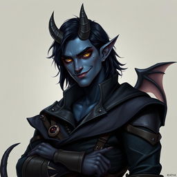 A realistic male tiefling battle warlock character depicted in a relaxed, cocky stance with a charming smirk