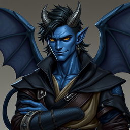 A realistic male tiefling battle warlock character depicted in a relaxed, cocky stance with a charming smirk