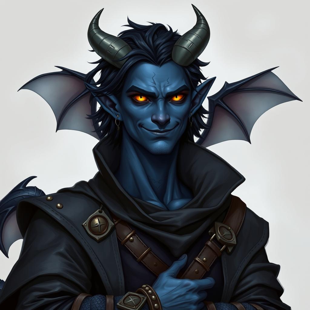 A realistic male tiefling battle warlock character depicted in a relaxed, cocky stance with a charming smirk