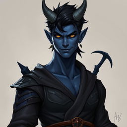 A realistic male tiefling battle warlock character depicted in a relaxed, cocky stance with a confident smirk