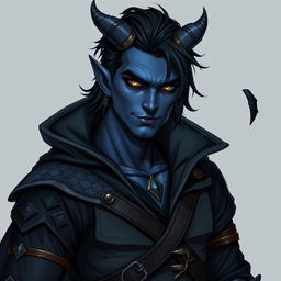 A realistic male tiefling battle warlock character depicted in a relaxed, cocky stance with a confident smirk