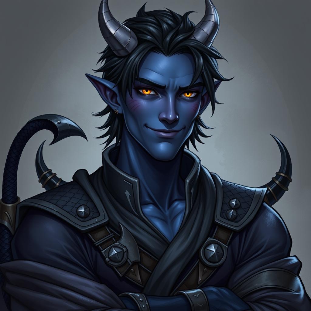 A realistic male tiefling battle warlock character depicted in a relaxed, cocky stance with a confident smirk