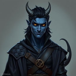 A realistic male tiefling battle warlock character portrayed in a relaxed, cocky stance with a playful smirk