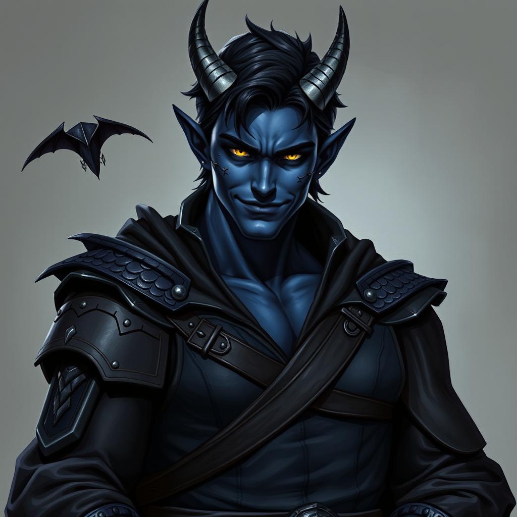 A realistic male tiefling battle warlock character portrayed in a relaxed, cocky stance with a playful smirk