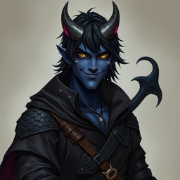 A realistic male tiefling battle warlock character portrayed in a relaxed, cocky stance with a playful smirk