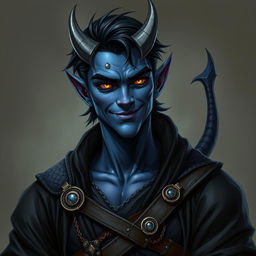 A realistic male tiefling battle warlock character portrayed in a relaxed, cocky stance with a playful smirk