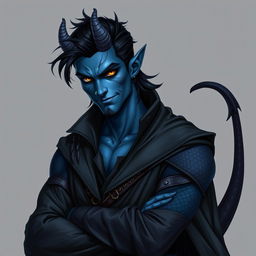 A realistic male tiefling battle warlock character depicted in a relaxed, cocky stance with a confident smirk