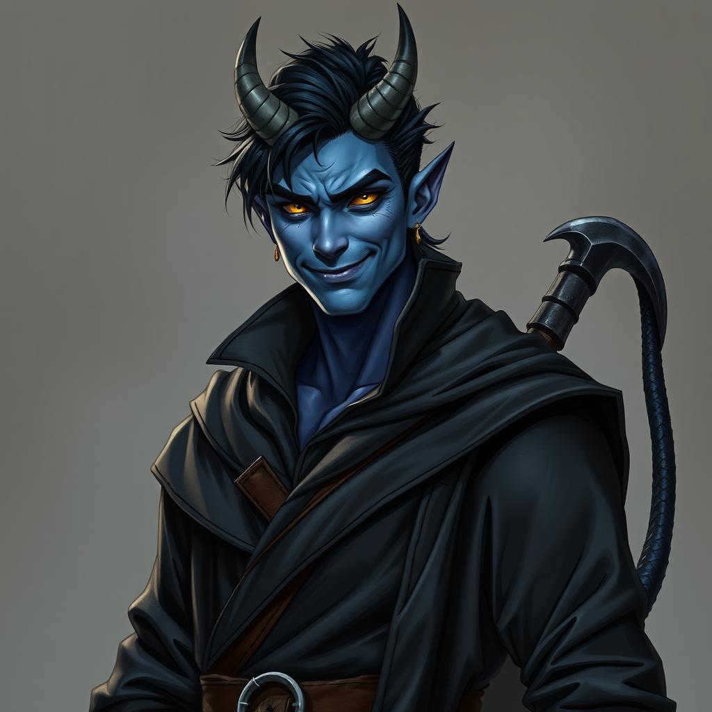 A realistic male tiefling battle warlock character depicted in a relaxed, cocky stance with a confident smirk