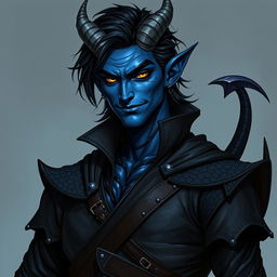 A realistic male tiefling battle warlock character depicted in a relaxed, cocky stance with a confident smirk