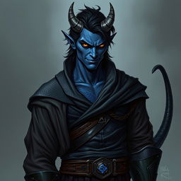 A realistic male tiefling battle warlock character depicted in a relaxed, cocky stance with a confident smirk