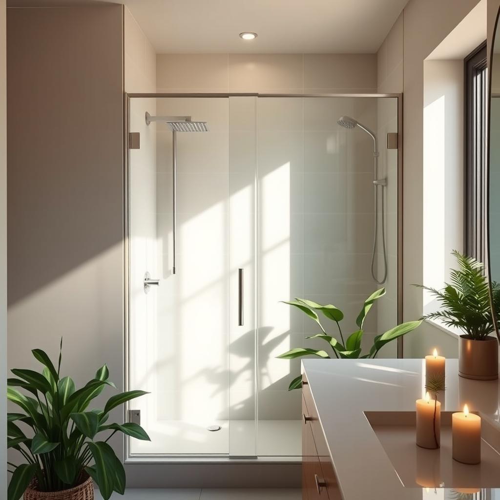 A bright and inviting bathroom featuring a sleek modern shower with transparent glass doors