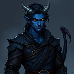 A realistic male tiefling battle warlock character standing in a relaxed, cocky pose with a confident smirk