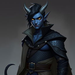 A realistic male tiefling battle warlock character standing in a relaxed, cocky pose with a confident smirk