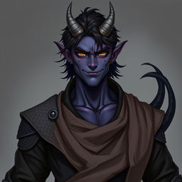 A realistic male tiefling battle warlock character standing in a relaxed, cocky pose with a confident smirk