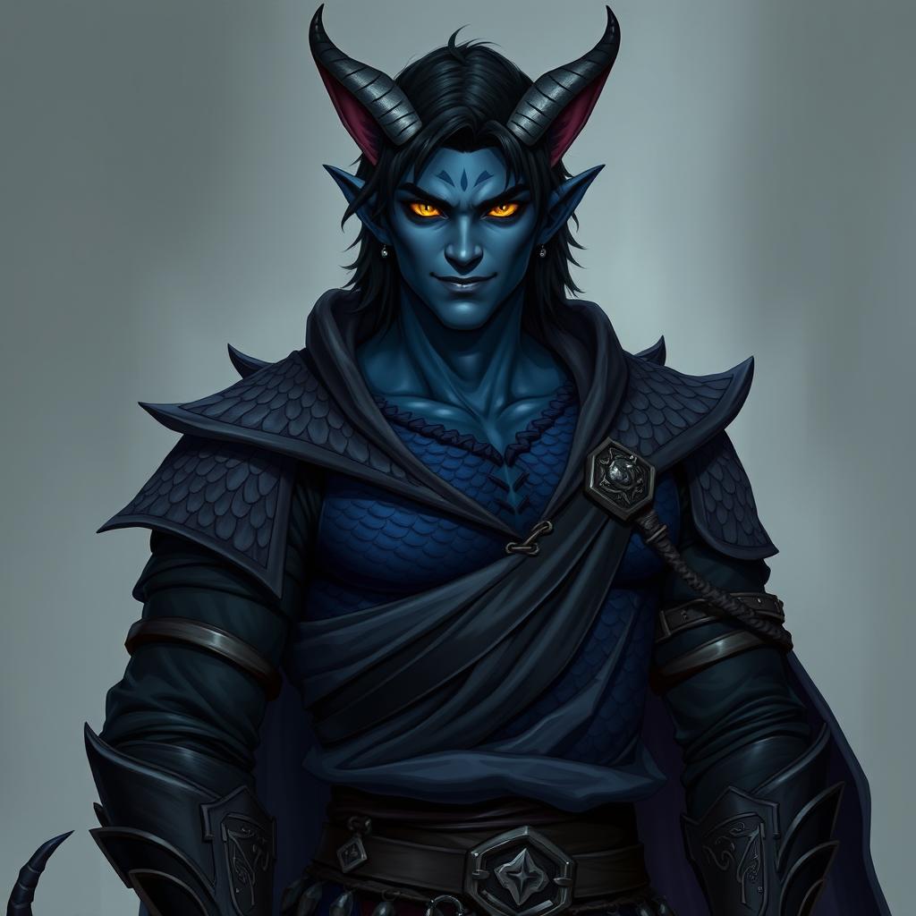 A realistic male tiefling battle warlock character standing in a relaxed, cocky pose with a confident smirk