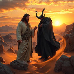 A dramatic scene depicting Satan tempting Jesus in the wilderness