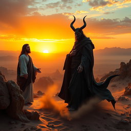 A dramatic scene depicting Satan tempting Jesus in the wilderness