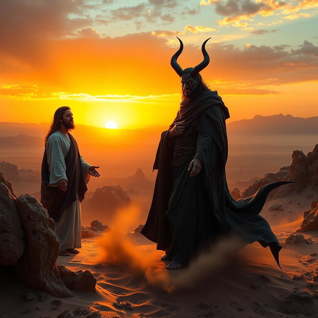 A dramatic scene depicting Satan tempting Jesus in the wilderness