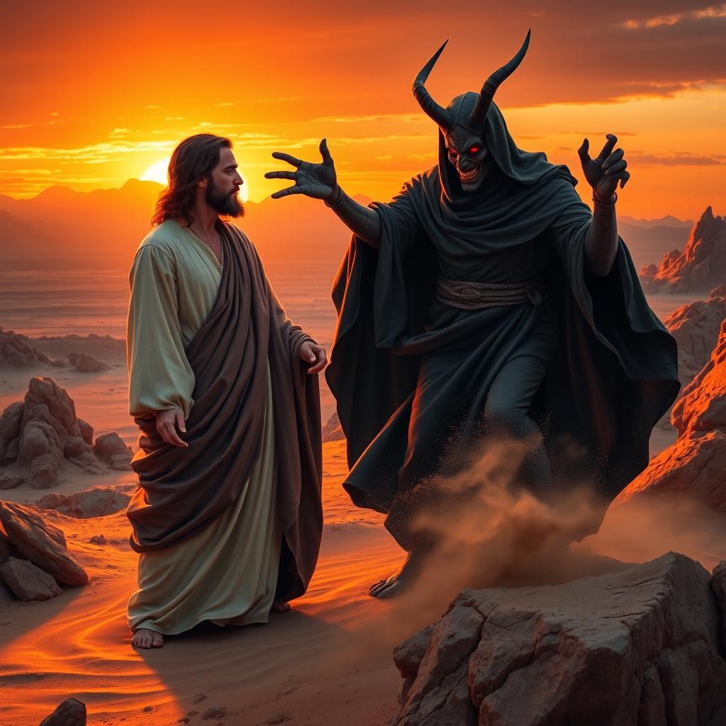 A dramatic scene depicting Satan tempting Jesus in the wilderness