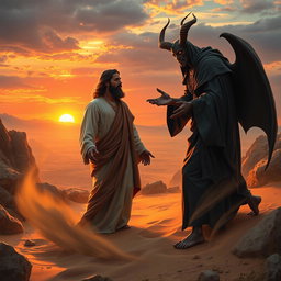 A dramatic scene depicting Satan tempting Jesus in the wilderness