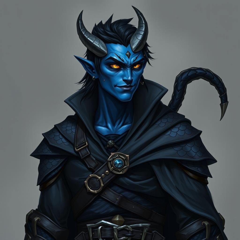 A realistic male tiefling battle warlock character presented in a relaxed, cocky stance with a confident smirk