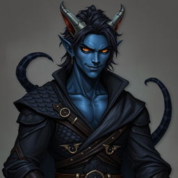 A realistic male tiefling battle warlock character presented in a relaxed, cocky stance with a confident smirk