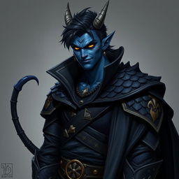 A realistic male tiefling battle warlock character presented in a relaxed, cocky stance with a confident smirk