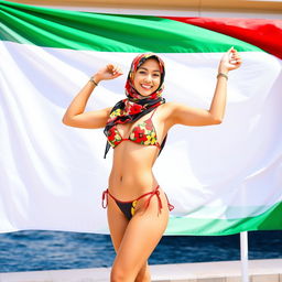 A stylish young woman wearing a colorful hijab and a bikini, confidently standing in front of a large and vibrant Italian flag