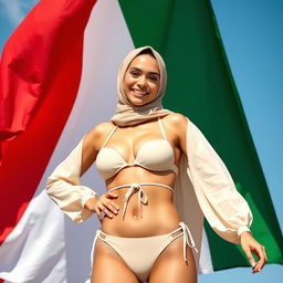 A confident young woman wearing a stylish hijab and a bikini, standing proudly in front of a large, waving Italian flag