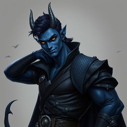 A realistic male tiefling battle warlock posing confidently in a relaxed, cocky stance with a charming smirk on his face