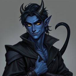 A realistic male tiefling battle warlock posing confidently in a relaxed, cocky stance with a charming smirk on his face