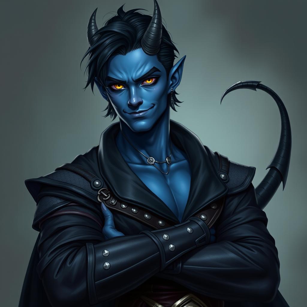 A realistic male tiefling battle warlock posing confidently in a relaxed, cocky stance with a charming smirk on his face