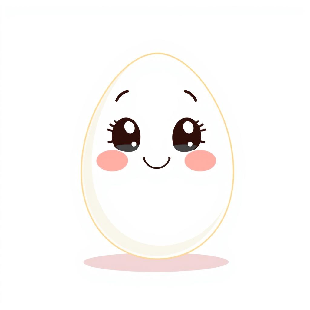 A charming illustration of a single egg with a cute smiling face featuring big, dreamy eyes and rosy cheeks
