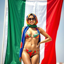 A fashionable young woman wearing a colorful hijab and a bikini, standing proudly in front of a large, proudly displayed Italian flag
