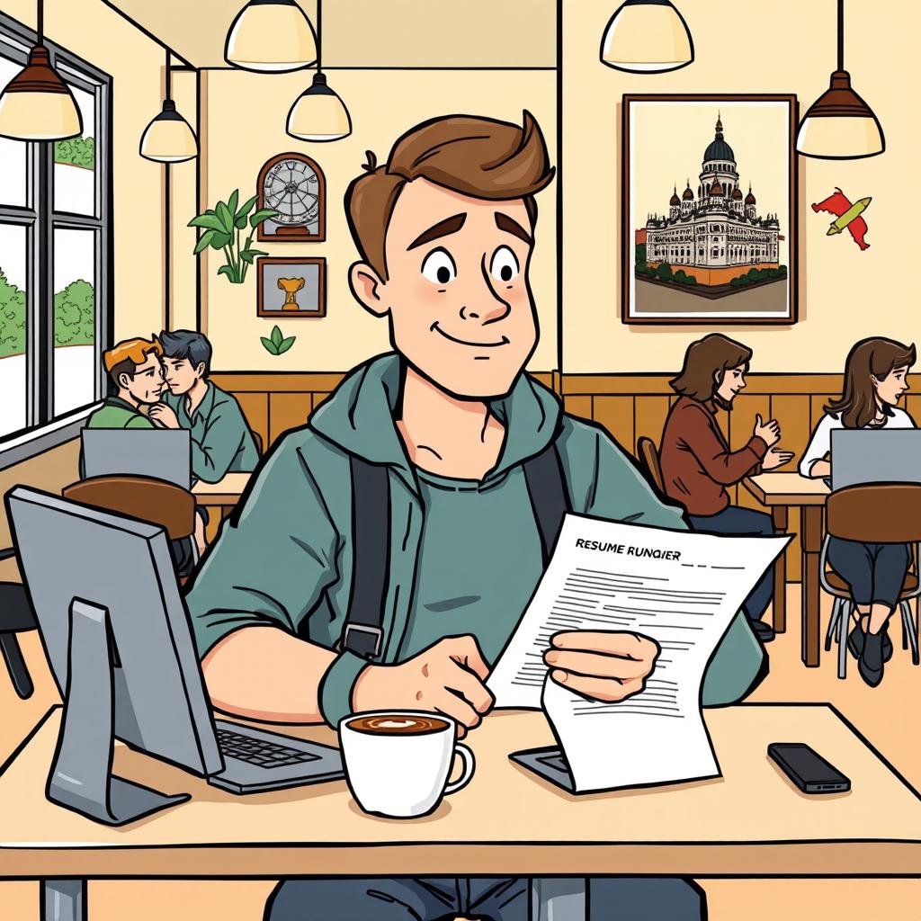 A cartoon illustration of a typical Russian man, dressed in casual clothing, looking determined as he holds a resume and searches for job postings on a computer in a cozy coffee shop in Hungary
