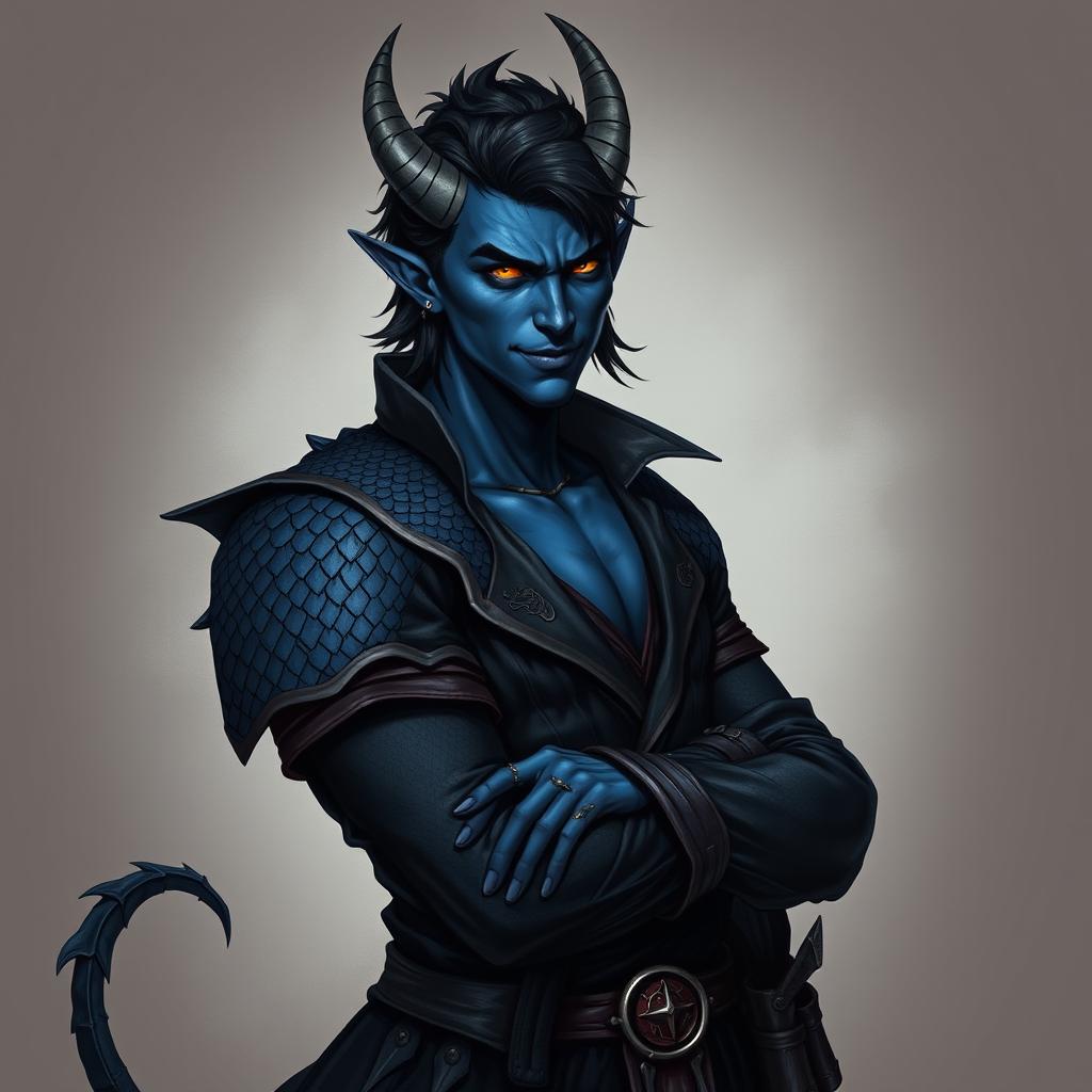 A realistic male tiefling battle warlock character depicted in a relaxed, cocky stance with a charming smirk