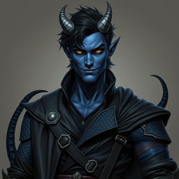 A realistic male tiefling battle warlock character depicted in a relaxed, cocky stance with a charming smirk