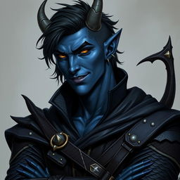 A realistic male tiefling battle warlock character depicted in a relaxed, cocky stance with a charming smirk