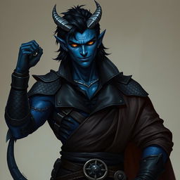 A realistic male tiefling battle warlock character depicted in a relaxed, cocky stance with a charming smirk
