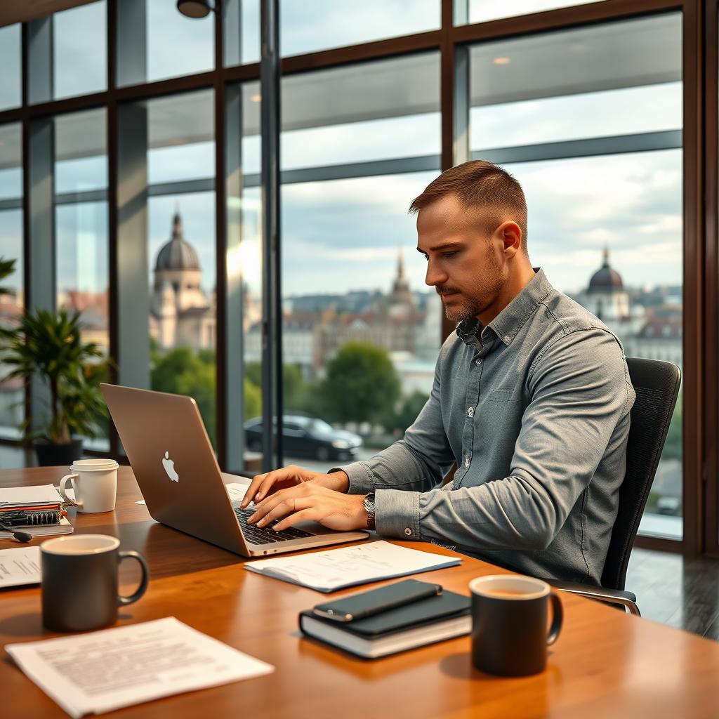 A realistic image of a typical Russian man working in Hungary, seated at a stylish modern office desk
