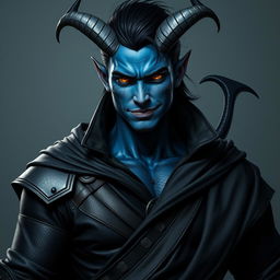A hyper-realistic male tiefling battle warlock character captured in a relaxed, cocky stance, exuding charm with a confident smirk