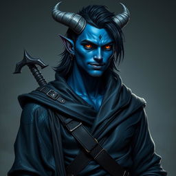 A hyper-realistic male tiefling battle warlock character captured in a relaxed, cocky stance, exuding charm with a confident smirk