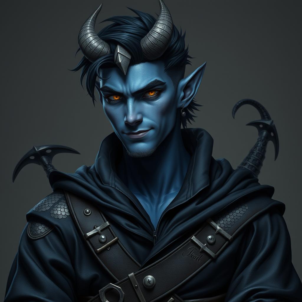 A hyper-realistic male tiefling battle warlock character captured in a relaxed, cocky stance, exuding charm with a confident smirk