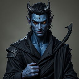 A hyper-realistic male tiefling battle warlock character captured in a relaxed, cocky stance, exuding charm with a confident smirk